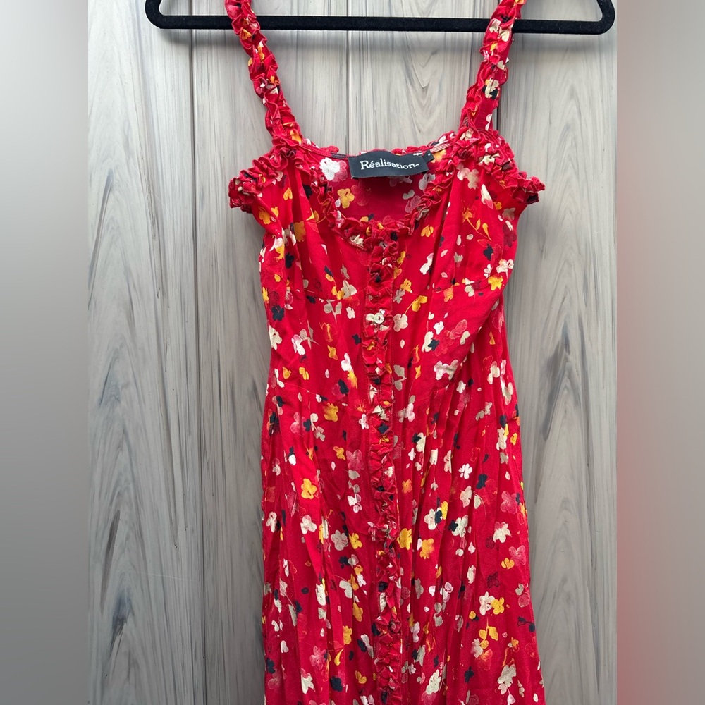 Realisation Par The Juliet Button Front Silk Midi Floral Dress Rouge Fleur - Picture 10 of 12